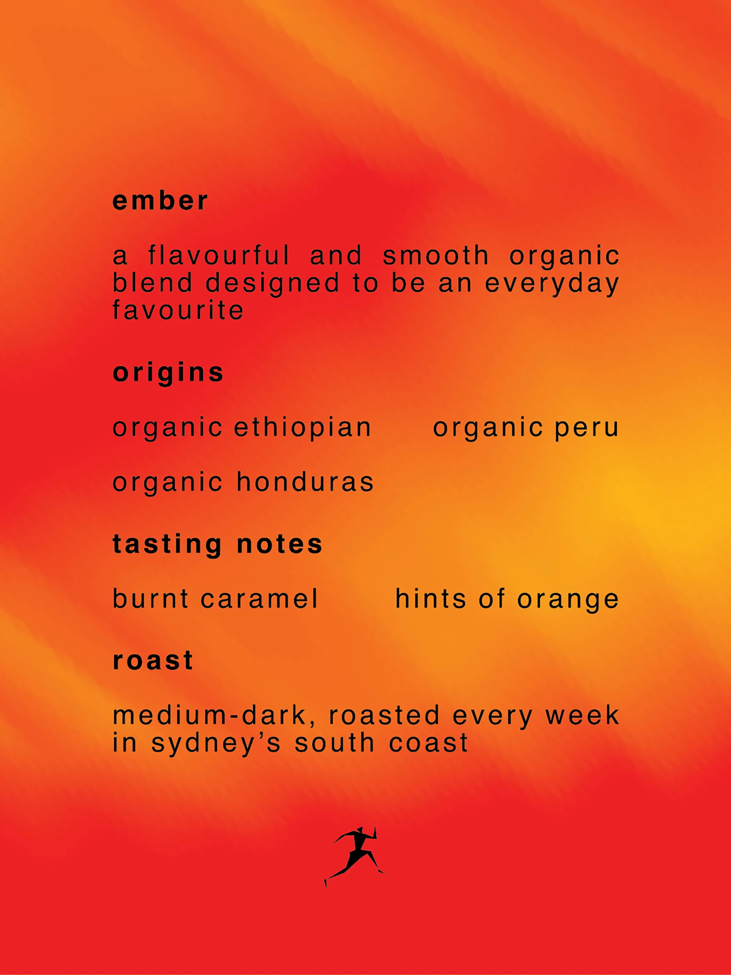 Clayman Coffee organic coffee beans flavour profile and organic origins card with fiery artwork and clayman logo.